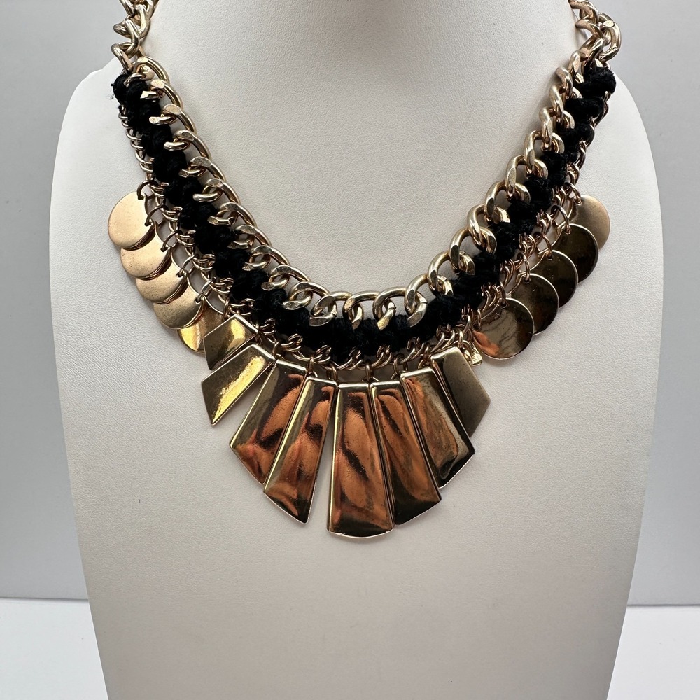 Vintage 90s Lalang Gold Tone Black Rope Chain Fringe Statement Necklace jewelry